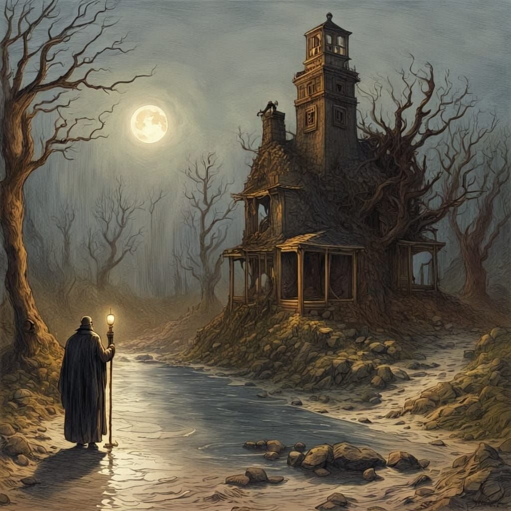 Old Man with Lantern on Desolate Path