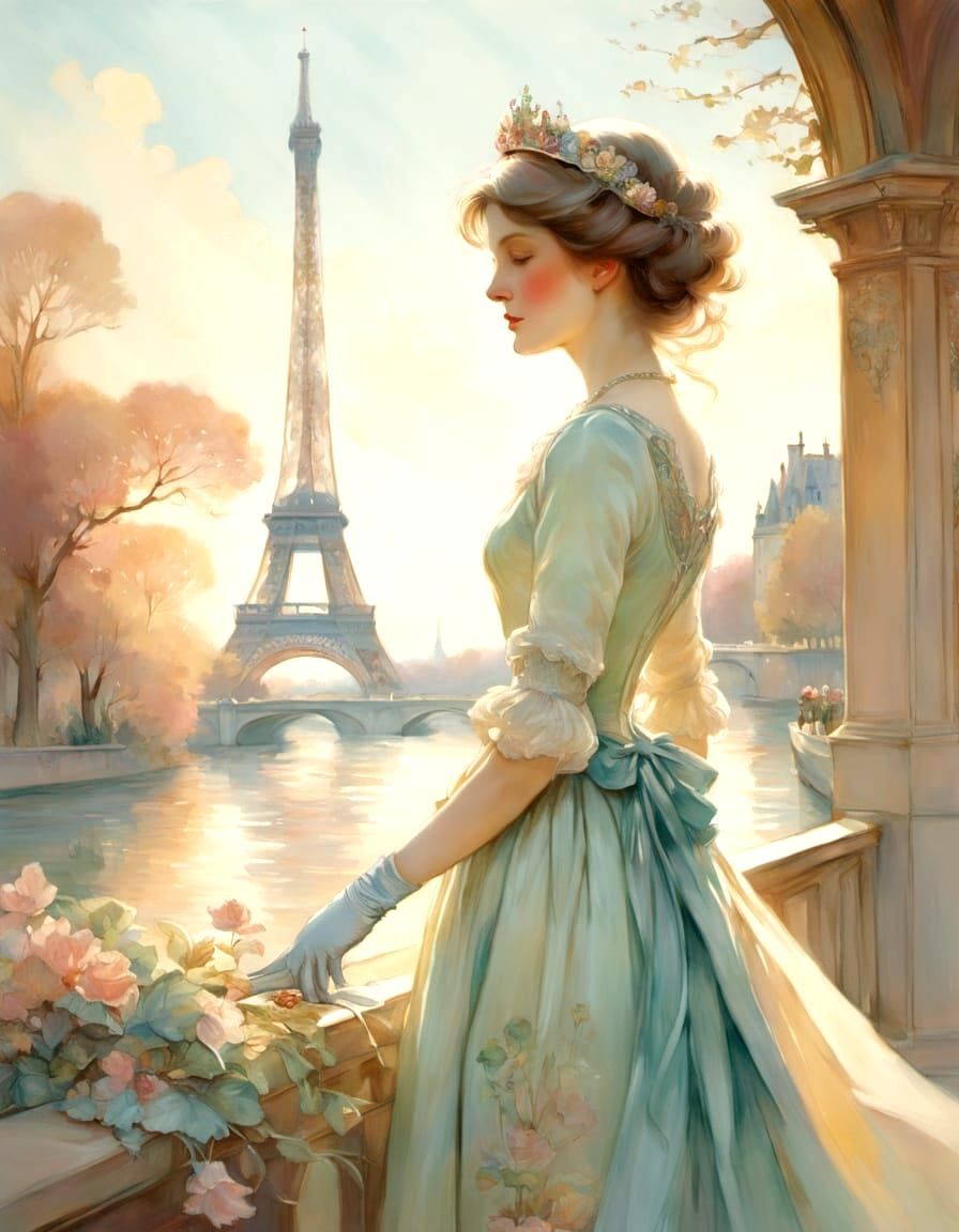 Elegant Victorian Lady Strolling Along the Seine in 3D Antiq...