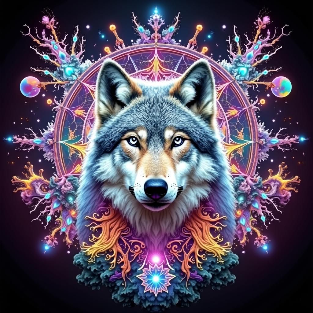 Mystic Wolf Portrait in Psychedelic RGB Colors