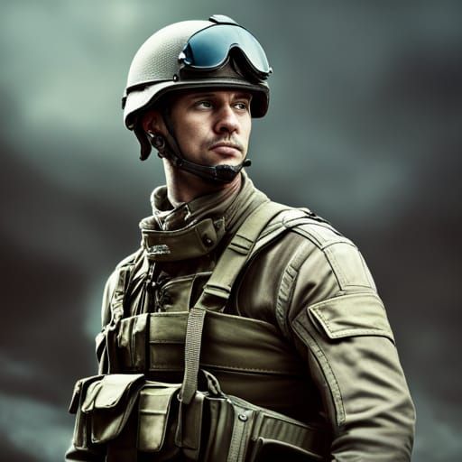 Hyperrealistic Military Man Portrait in Sharp Focus
