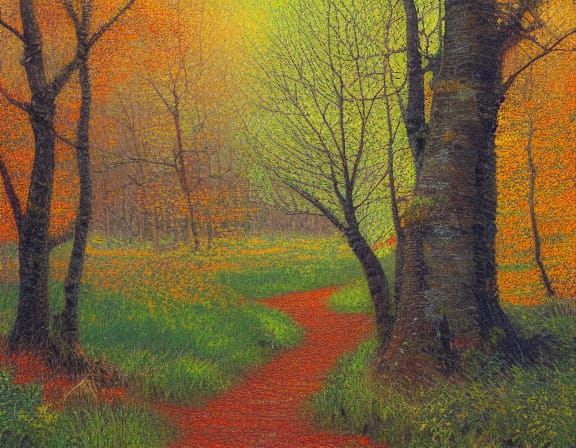 Impressionistic Autumn Forest Clearing at Golden Hour