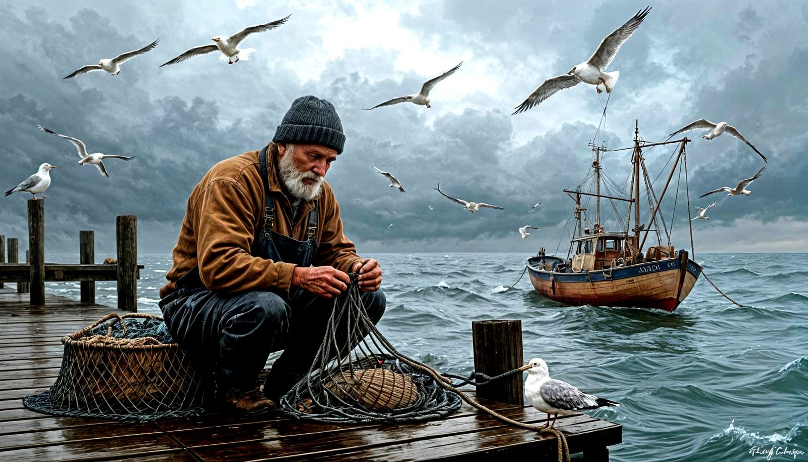 A grizzled old fisherman with weathered hands mends nets on ...