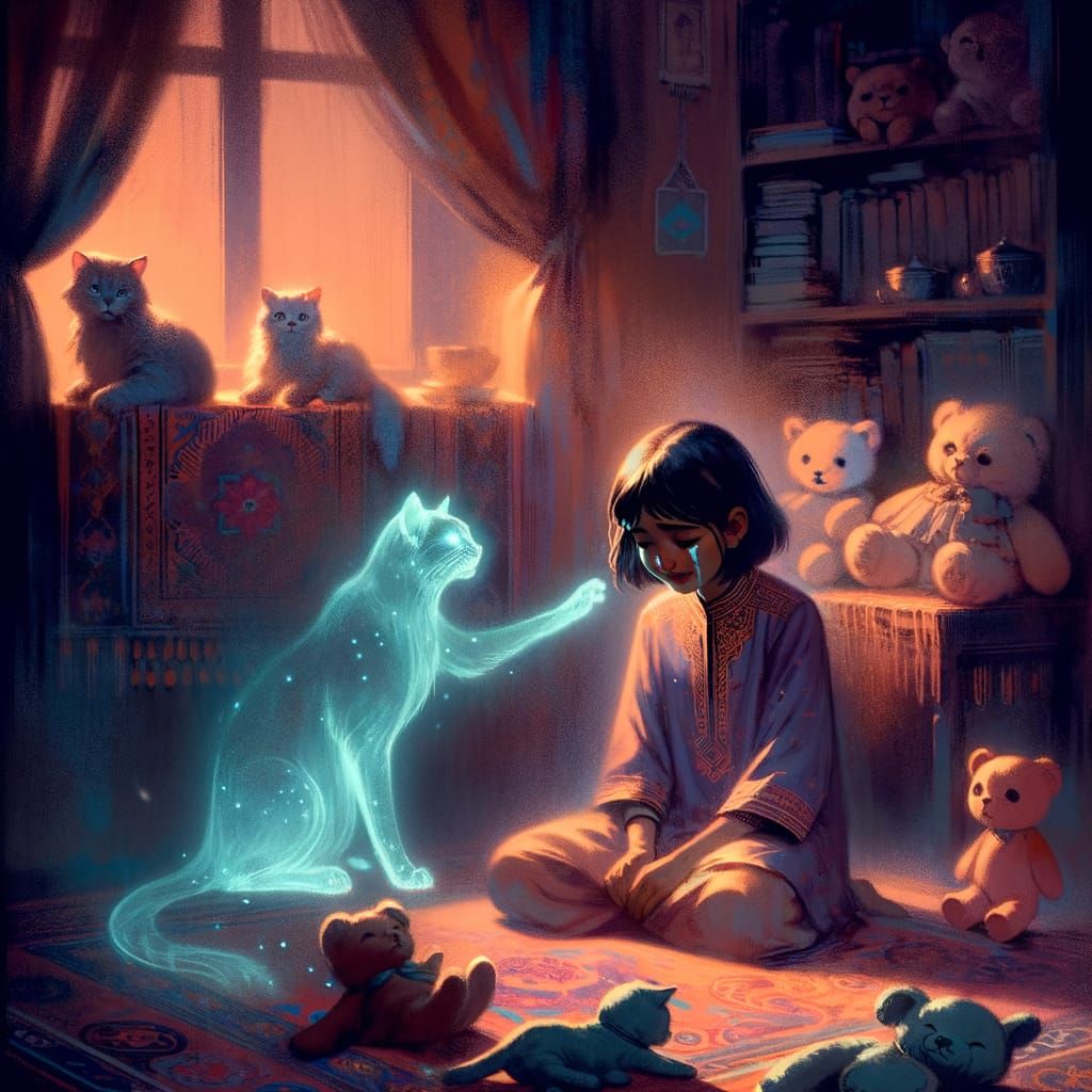 Comforting Glow: Ghost Cat and Girl in Shadows