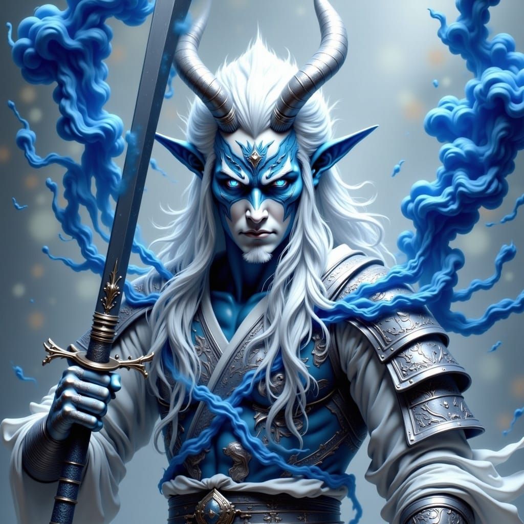 White Oni Warrior with Sword in Fantasy Art Style