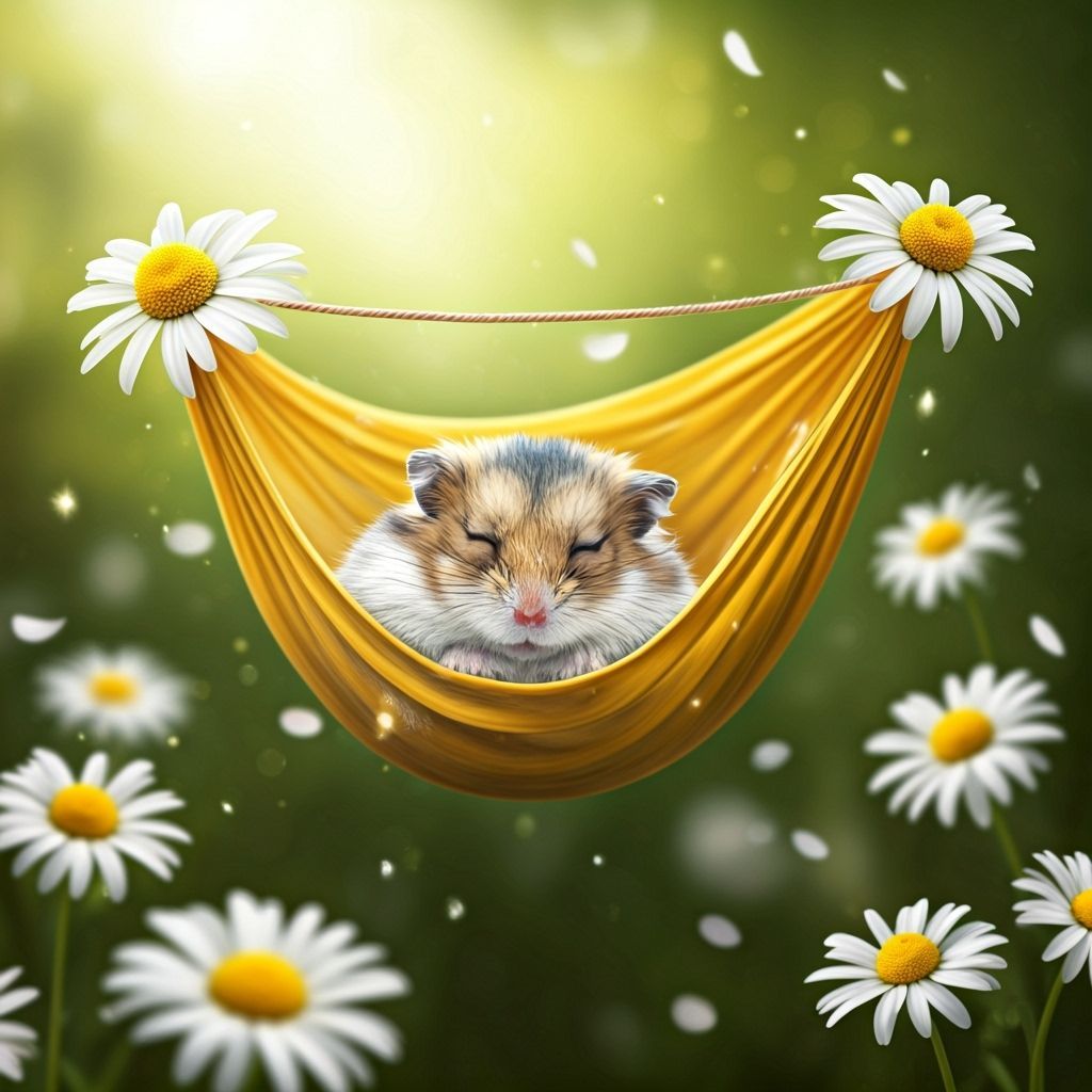 A tiny hamster sleeping in a hammock made of petals and spid...