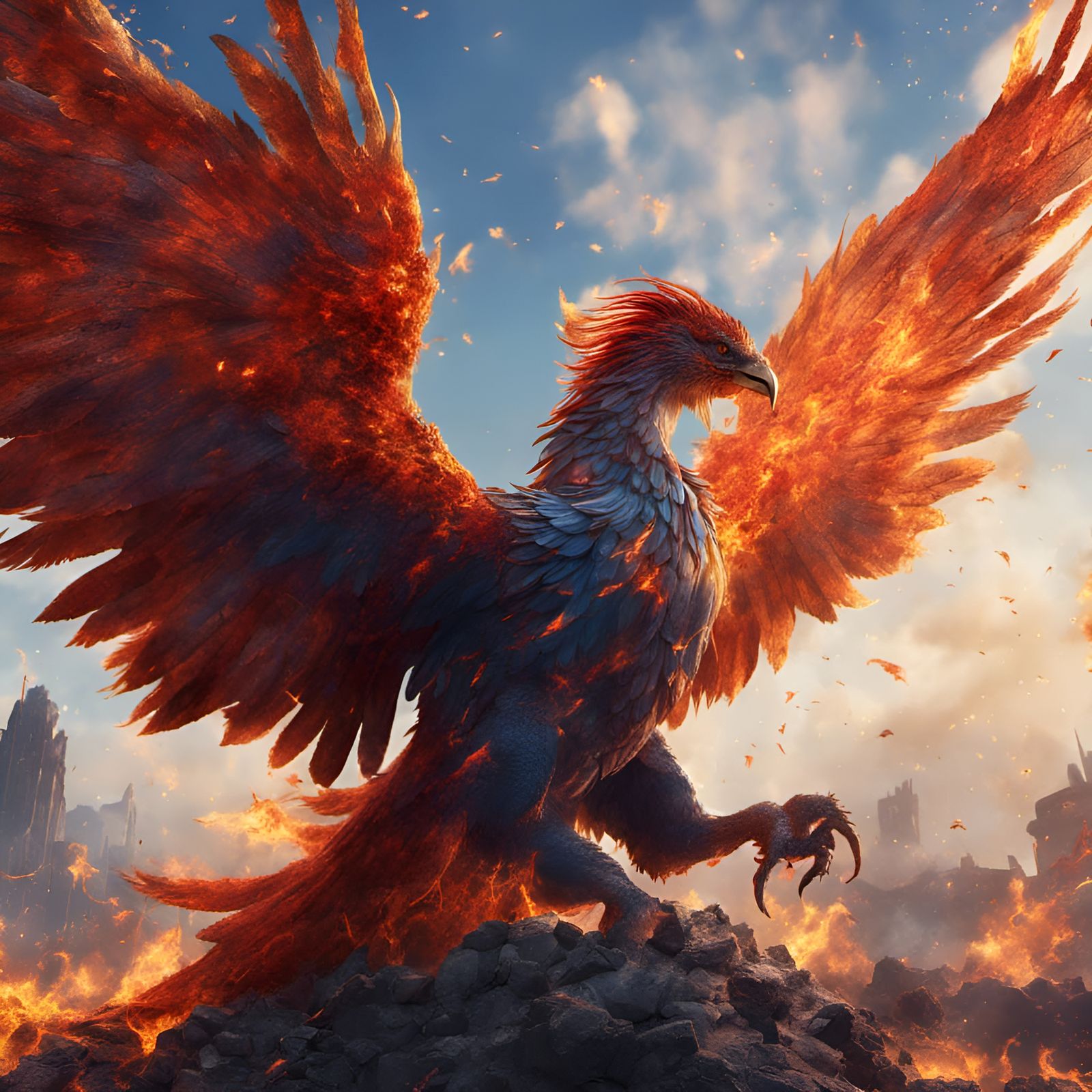 Phoenix Rising from Ashes in Detailed Digital Painting