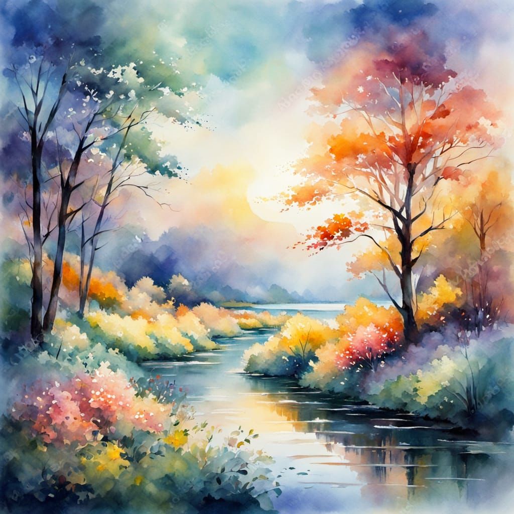 Dreamlike Watercolor Landscape in Morning Sun