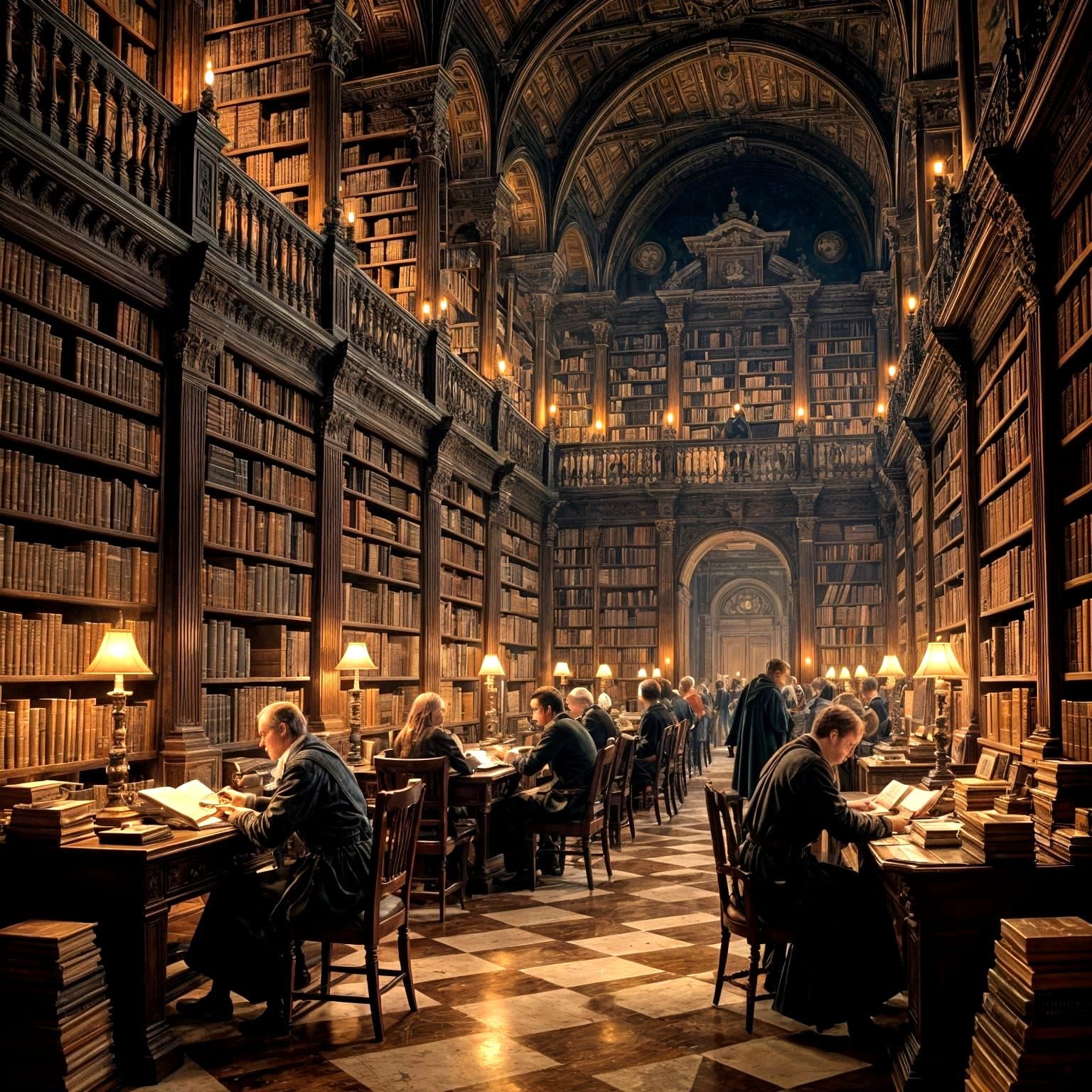 Grand Library Scene in Vermeer Style