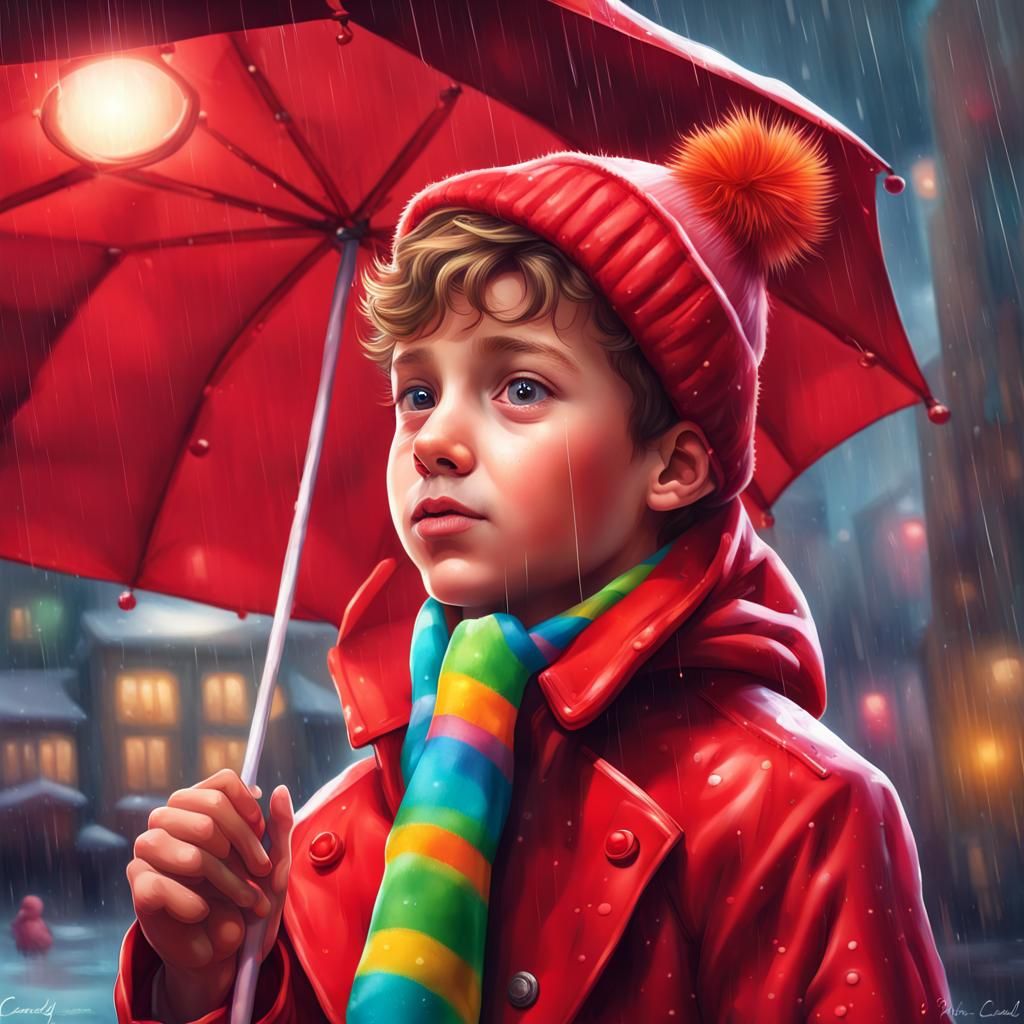Boy in Red Coat on Rainy Day: Candy Art
