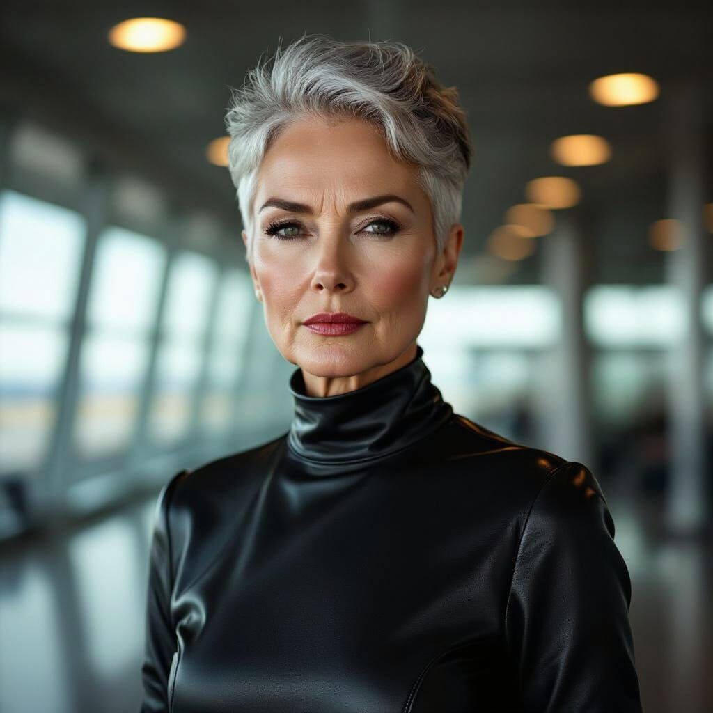 Stern Woman in Leather Dress at Airport