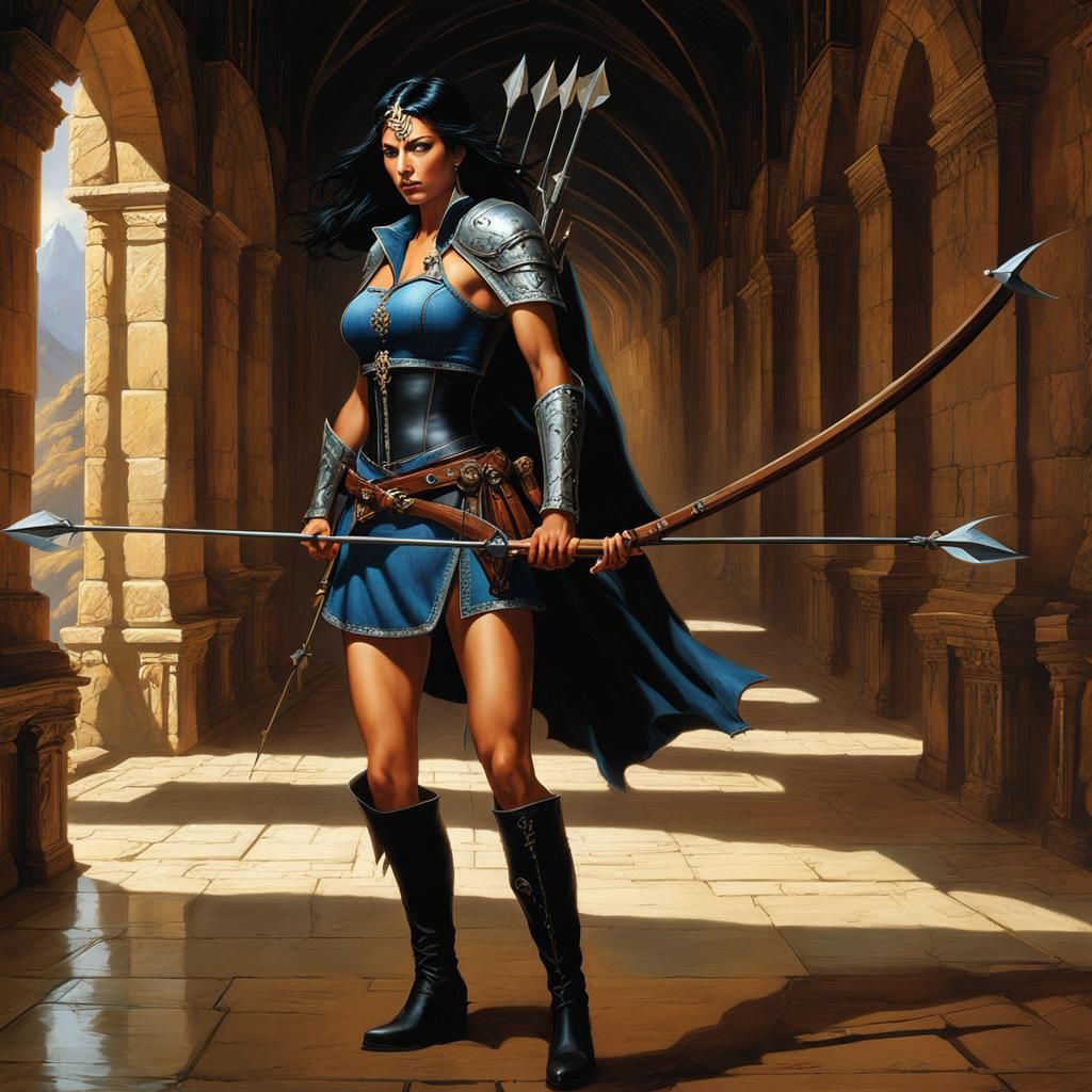 Female Archer Battles in Castle Hallway