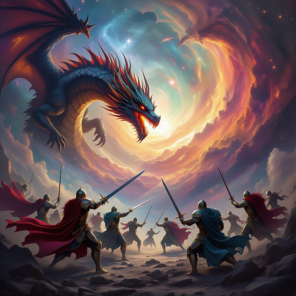 Knights Battle Dragons in Cosmic Vortex