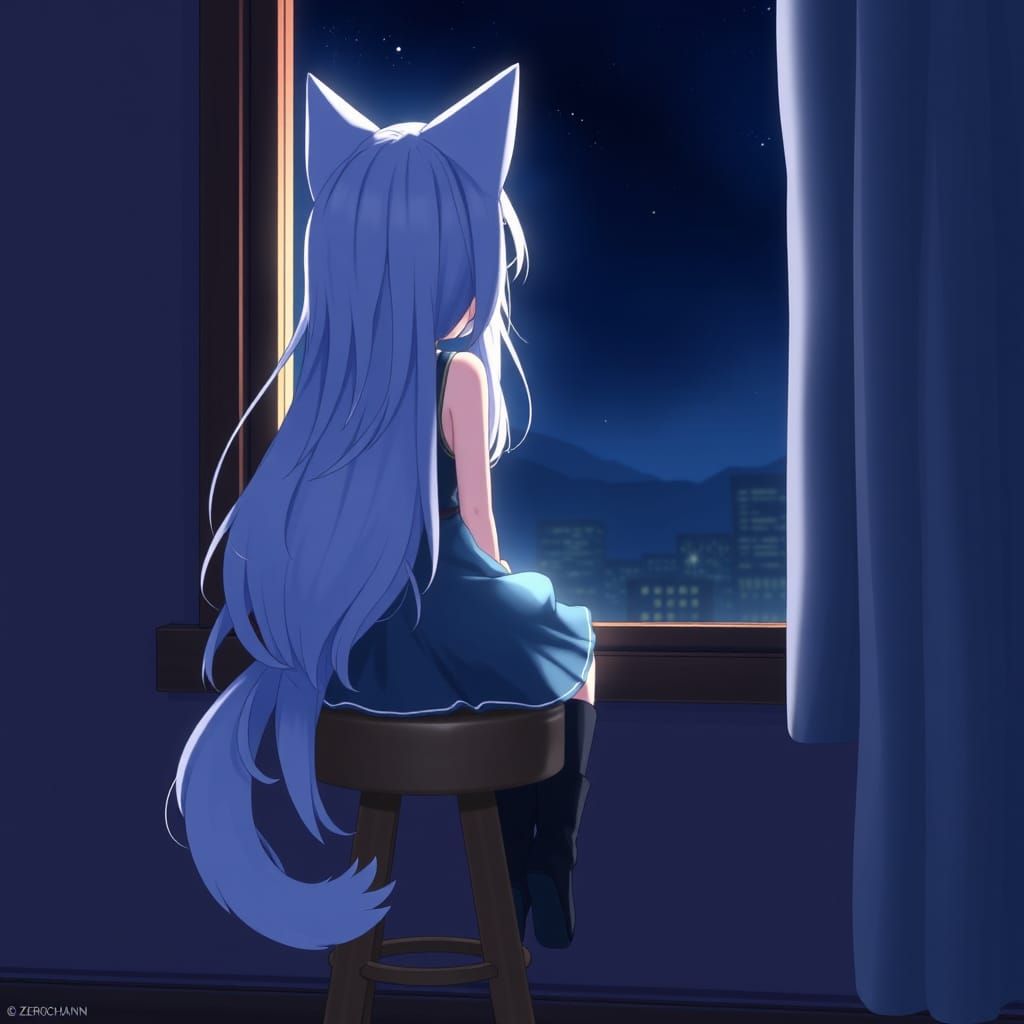 Anime Catgirl Gazing at Night Sky