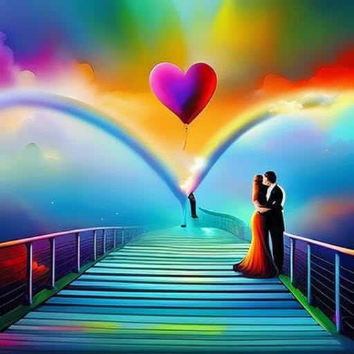 Bride and Groom on Rainbow Bridge, Surreal Impasto Art