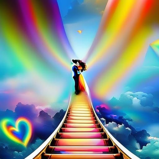 Bride and Groom on a Rainbow Bridge: Surreal Impasto Art