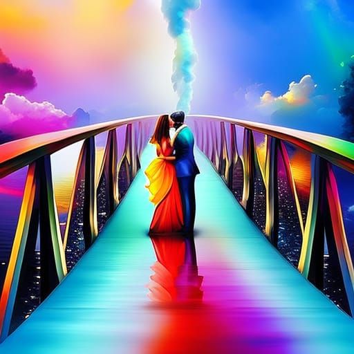 Bride and Groom on Rainbow Bridge: Impasto Art