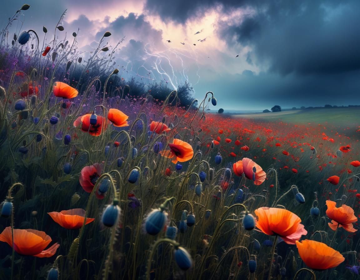 Stormy Poppy Landscape in Dreamlike Romantic Style