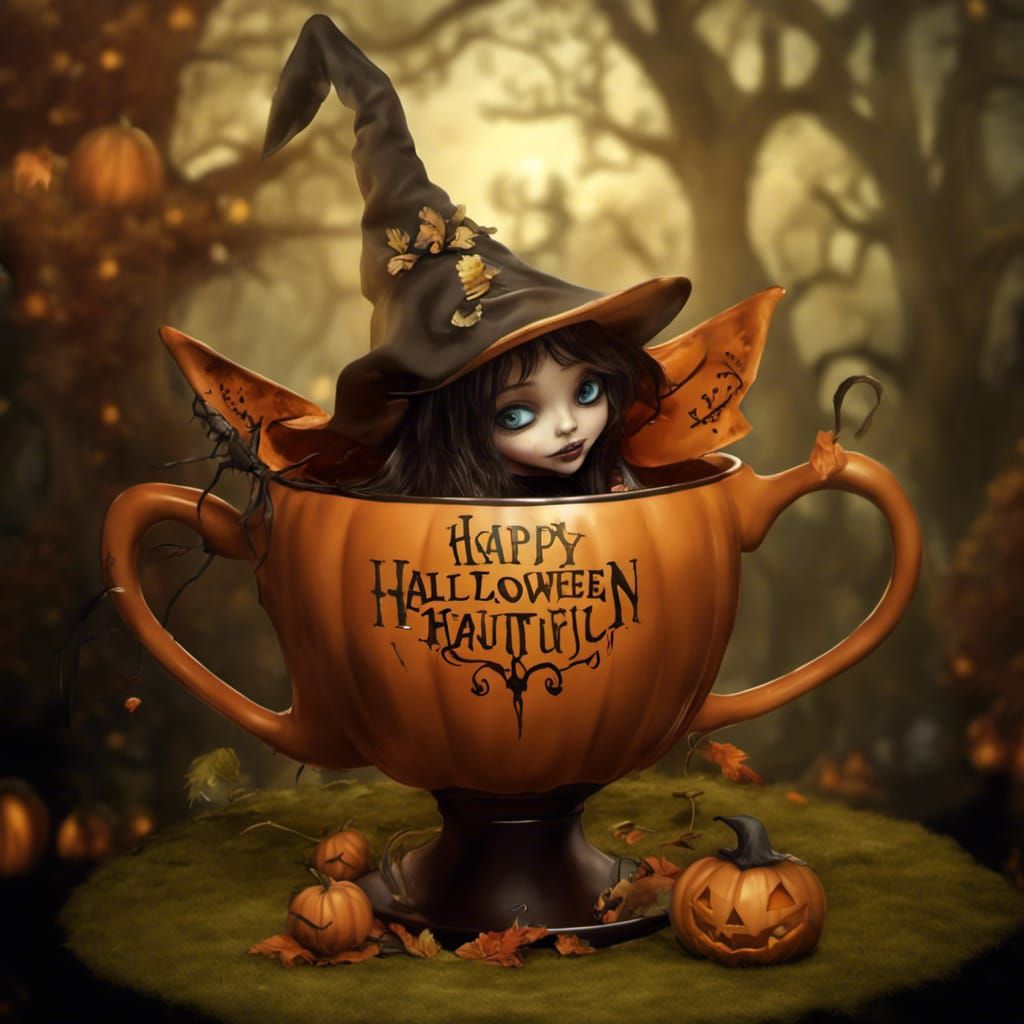Whimsical Witch in Halloween Teacup Digital Painting