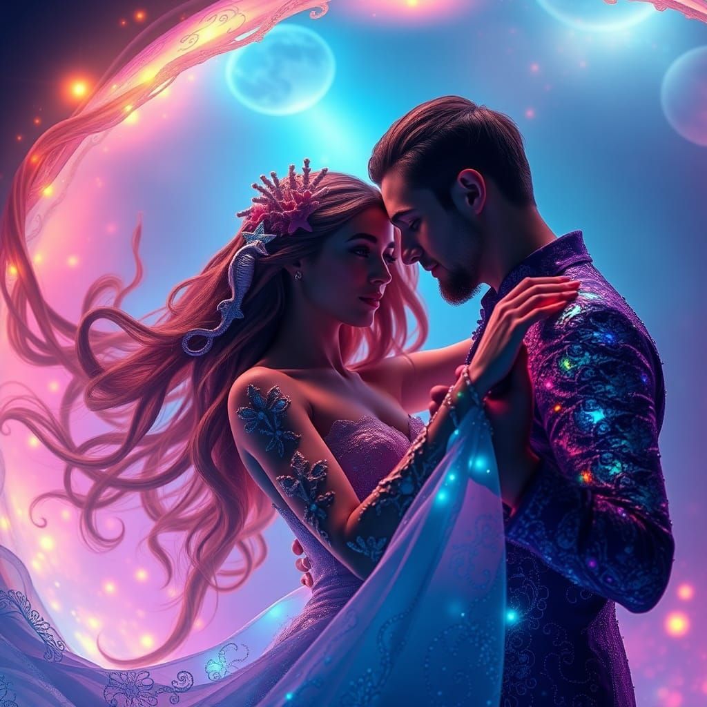 Bioluminescent Couple in Pearl, Art Nouveau Style