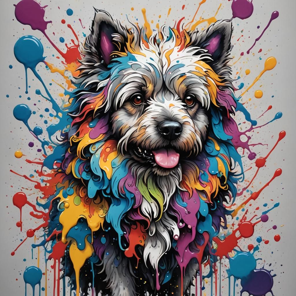 Colorful Doodle Dog Ink Drawing with Splash Art