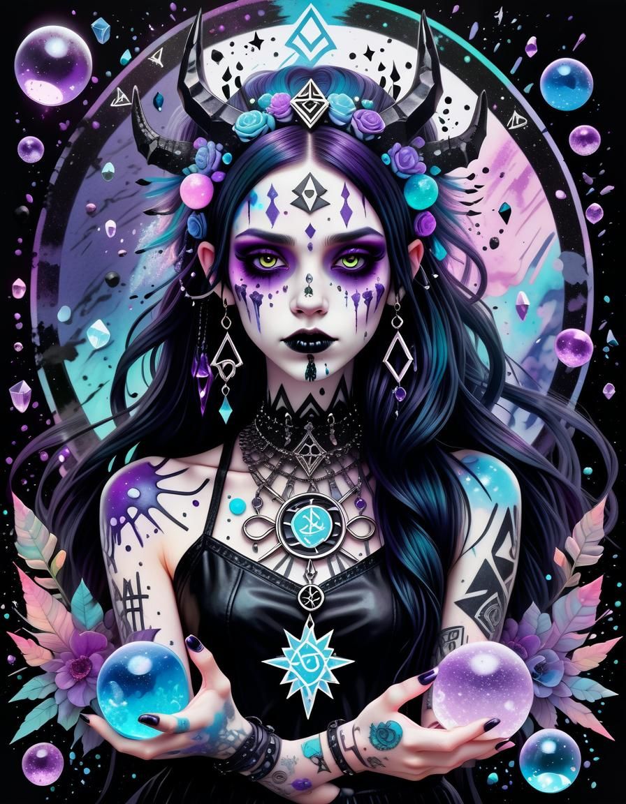 Goddess Surrounded by Crystals in Pastel Goth Style