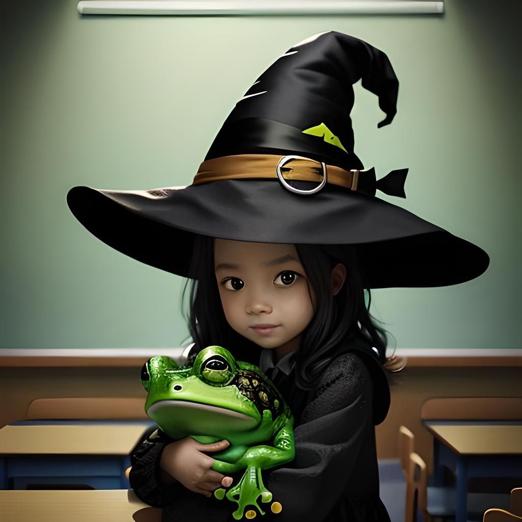 Toddler Witch Hugs Frog: Hyperrealistic Splash Art