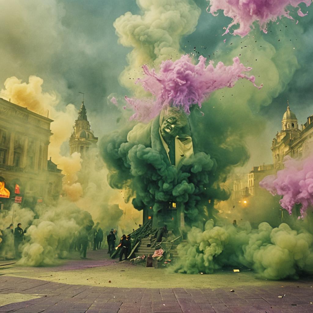 Surreal Protest Portrait in Dystopian City Square