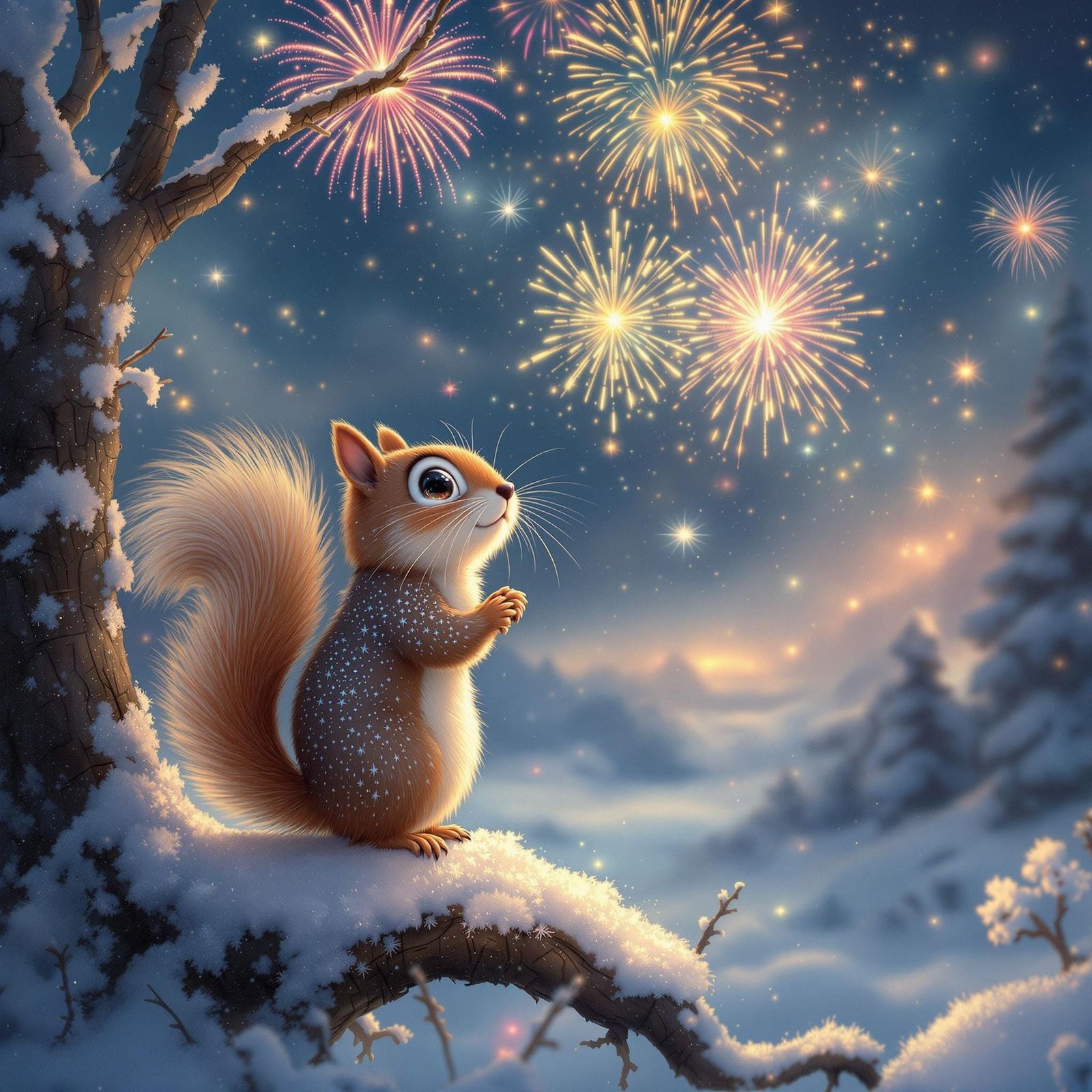 Squirrel Witness to Enchanted Winter Fireworks Spectacle