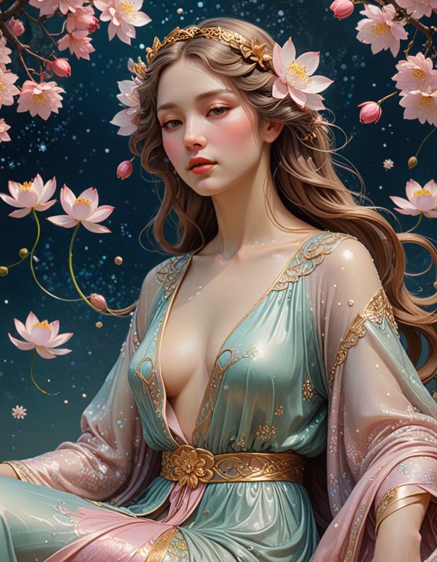 Serene Goddess on Lotus in Cherry Blossom Dreamscape