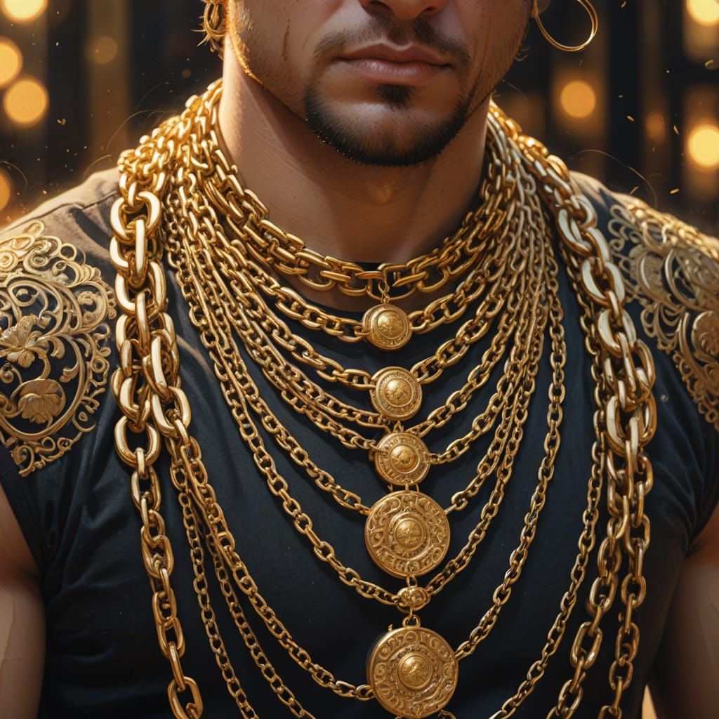 Close-Up Splash Art of Person with Many Gold Chains