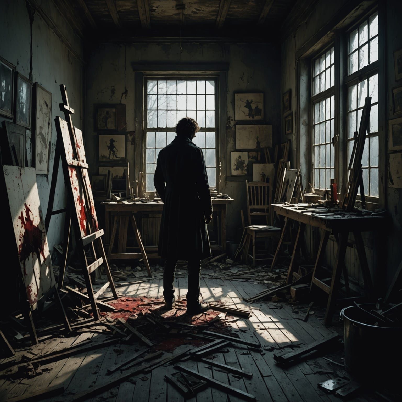 Artist Silhouette in Abandoned Studio, Horror Art