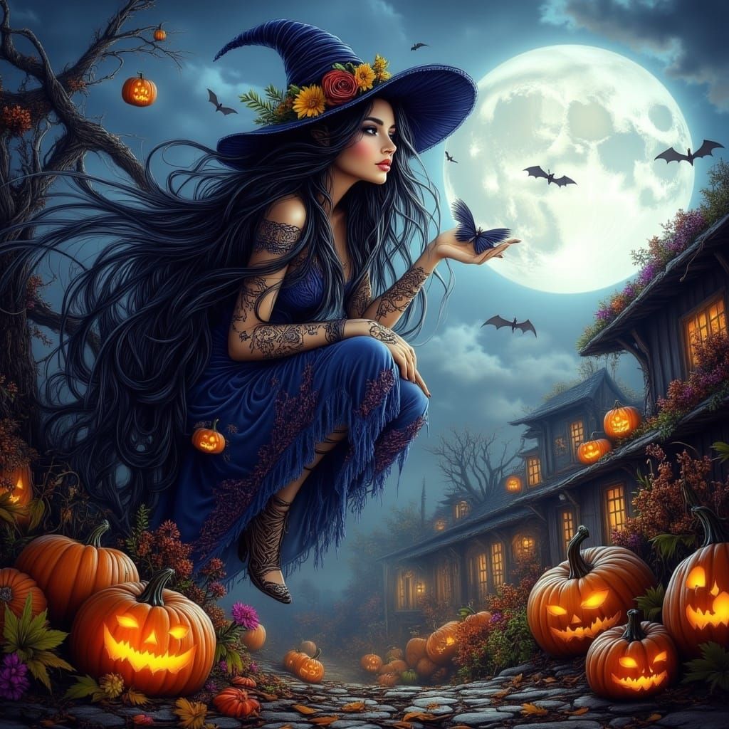Whimsical Witch Flies Over Halloween Town