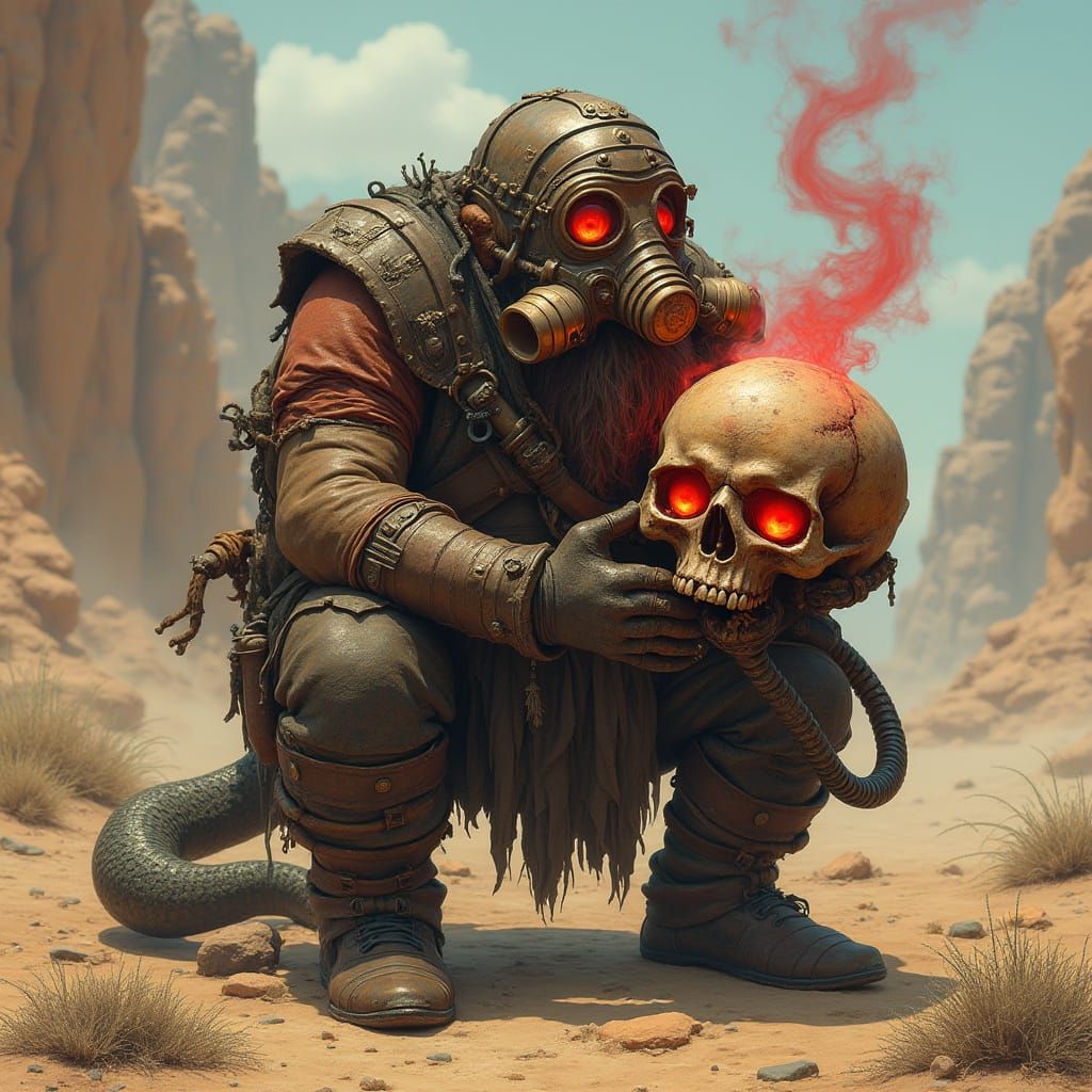 Grizzled Dwarf Unveils Ancient Skull in Desert Wasteland