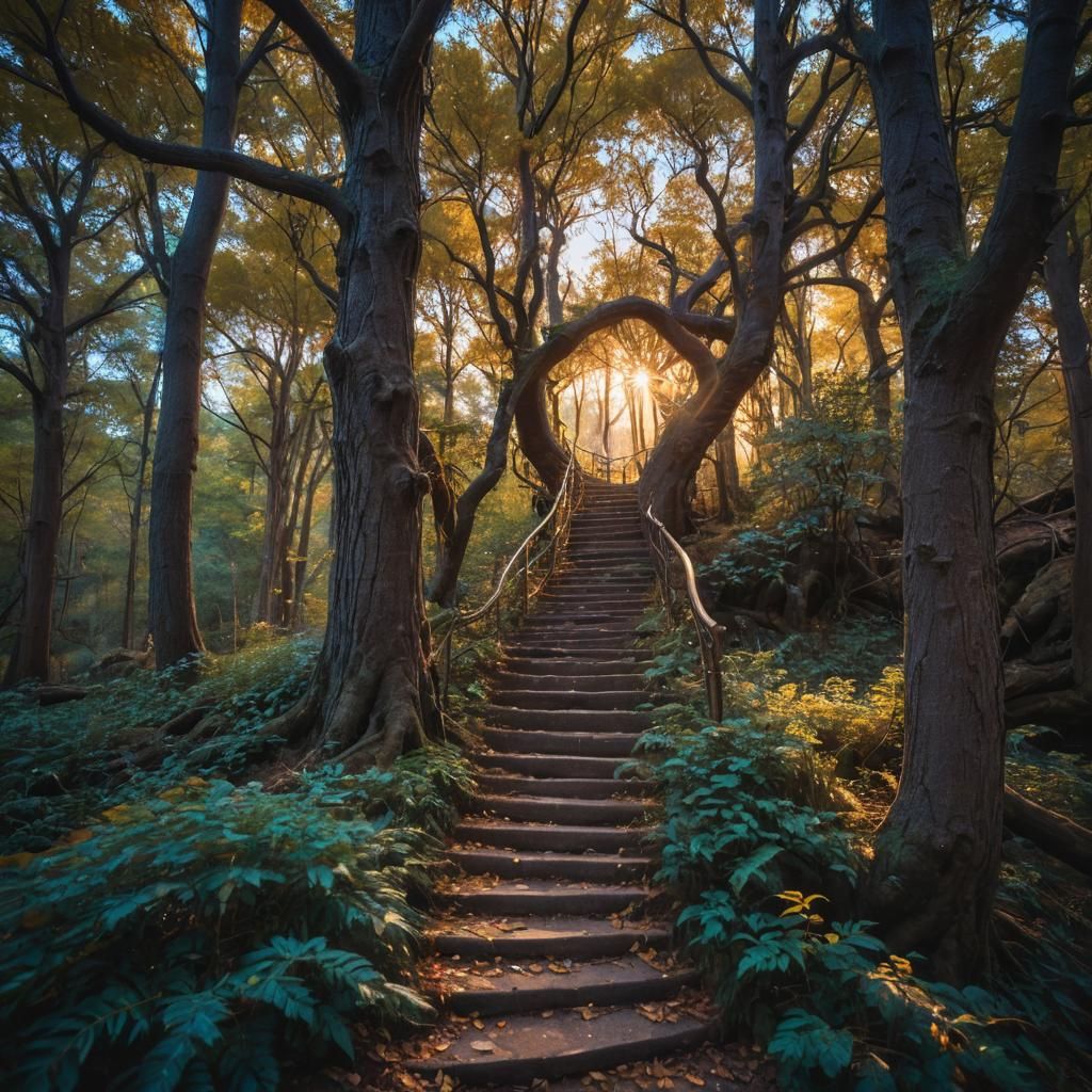 Mystical Tree Staircase in Iridescent Forest