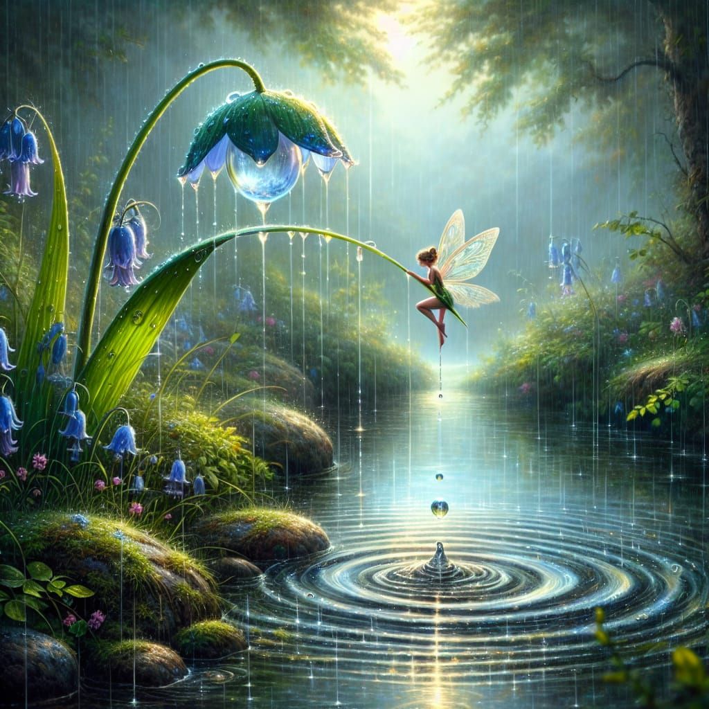 Fairy with Bluebell Umbrella at Rainy Pond