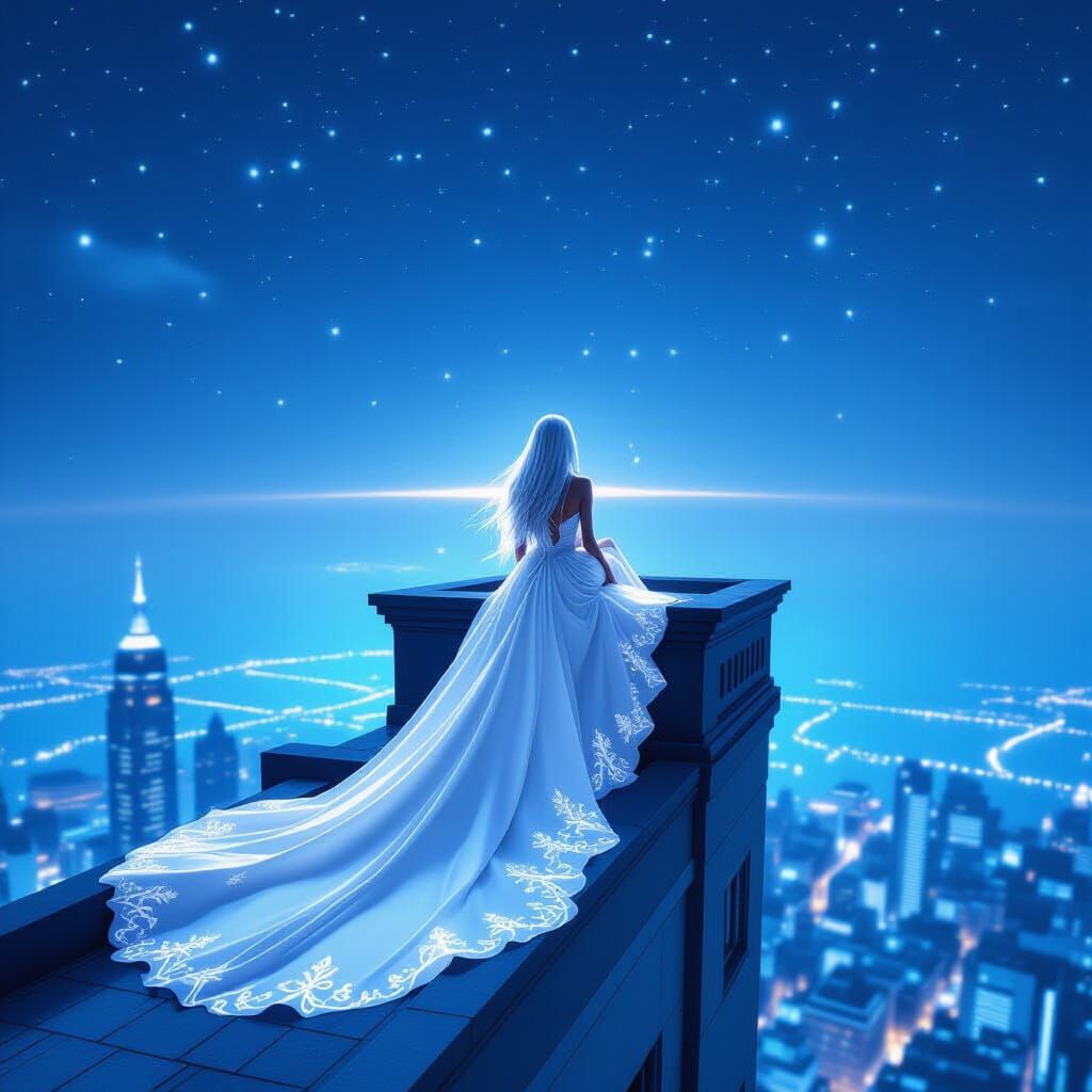 Girl on Rooftop Over Fantasy City, Double Exposure Style