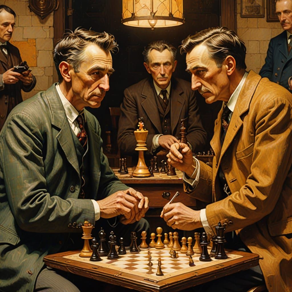 Da Vinci and Tesla Play Chess in Rockwell Style