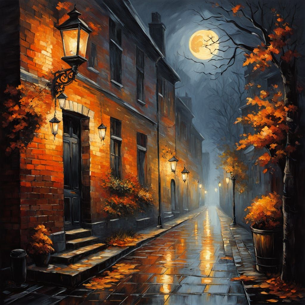 Impressionist Rainy Alleyway Harvest Moon Lanterns