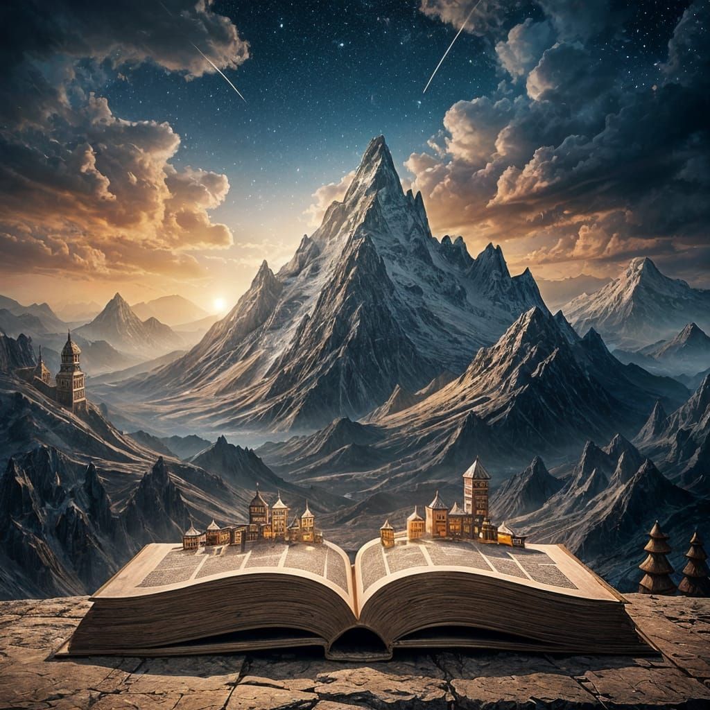 Surreal Book Mountains with Ink Waterfalls and Glowing Lante...