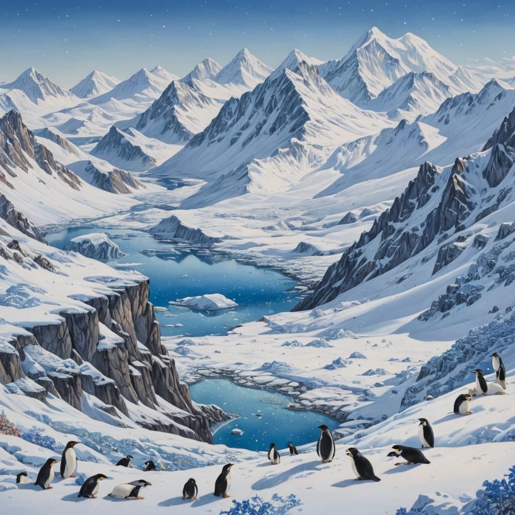 Penguins and Polar Bears in Snowy Mountains