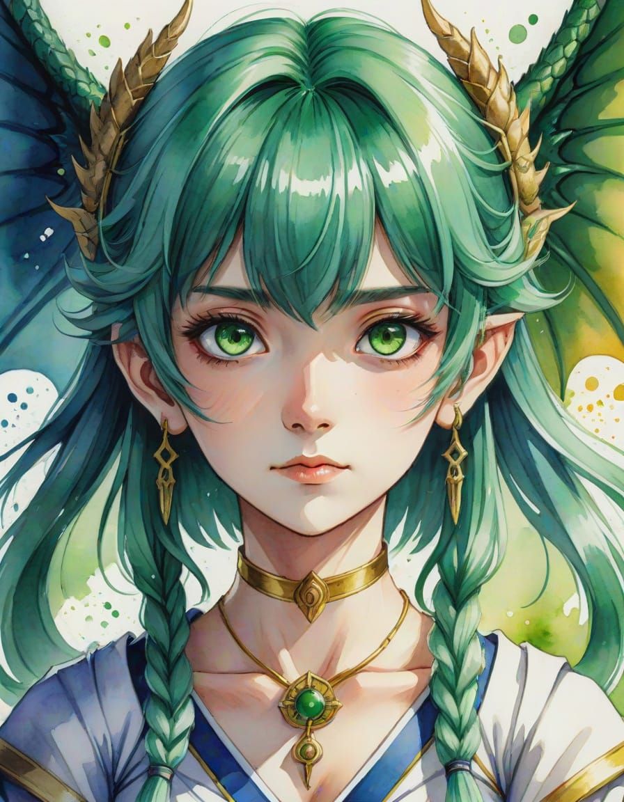 Anime Portrait of Green-Haired Priestess with Dragon Wings