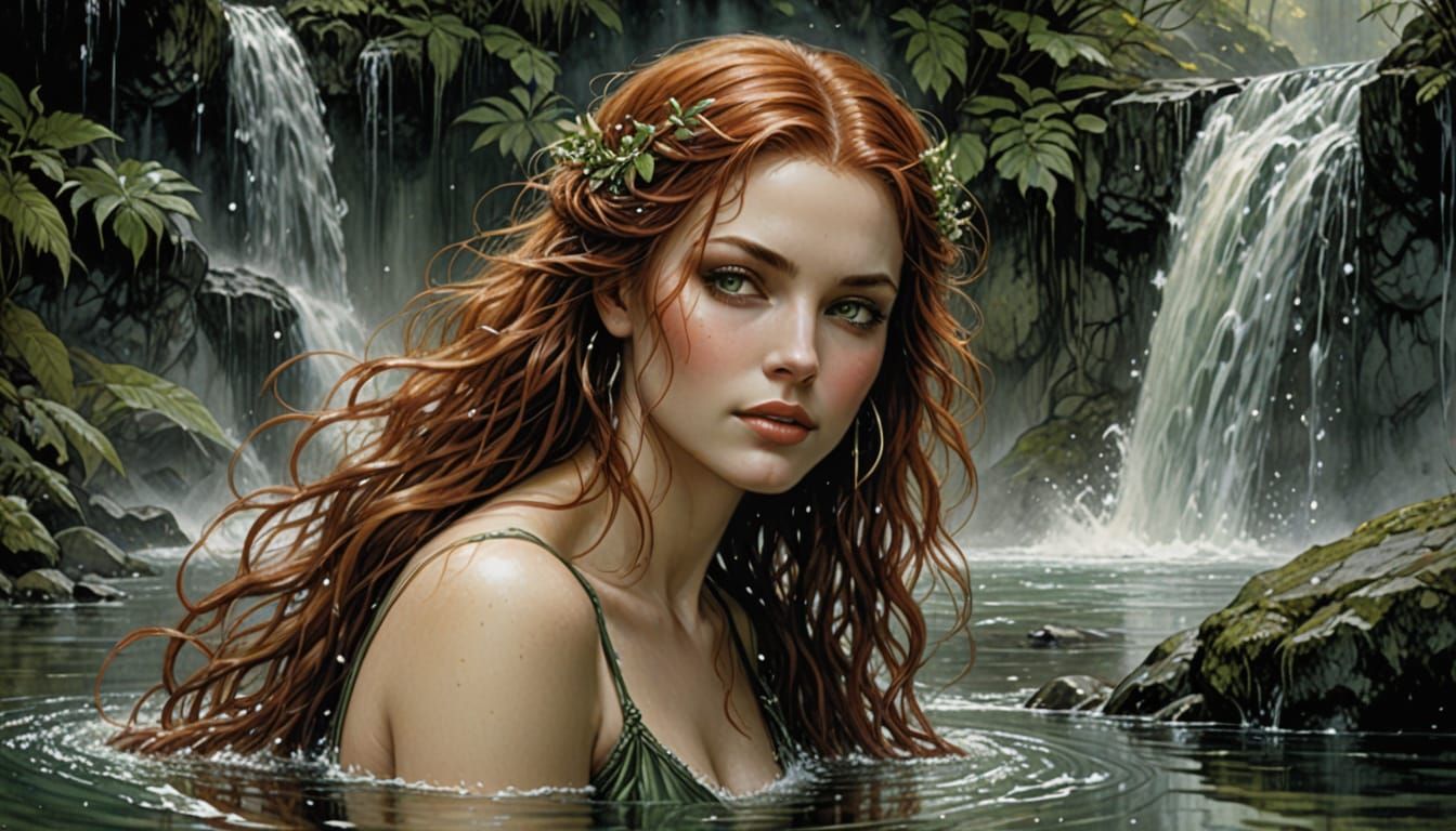 Art Nouveau Painting of Woman by Waterfall