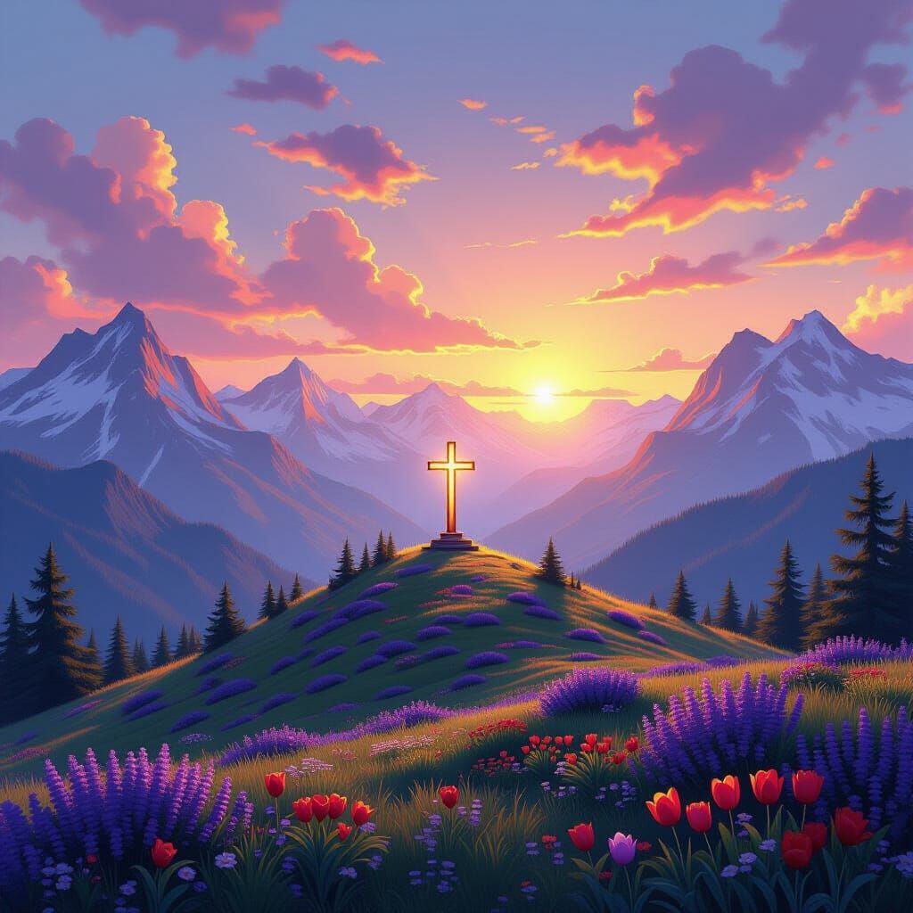 Majestic Mountains at Sunset with Radiant Cross