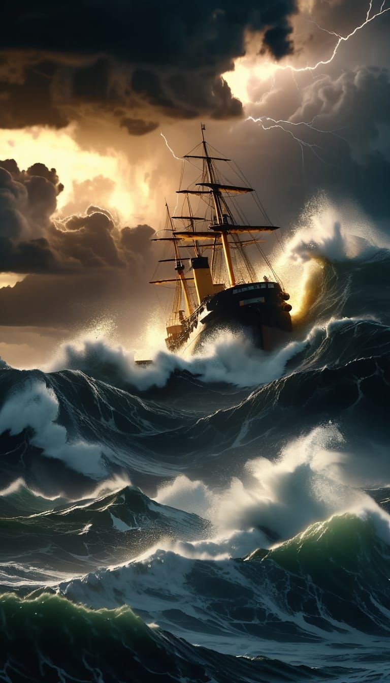 Ship Battles Stormy Seas with Lightning and Golden Hour Glow