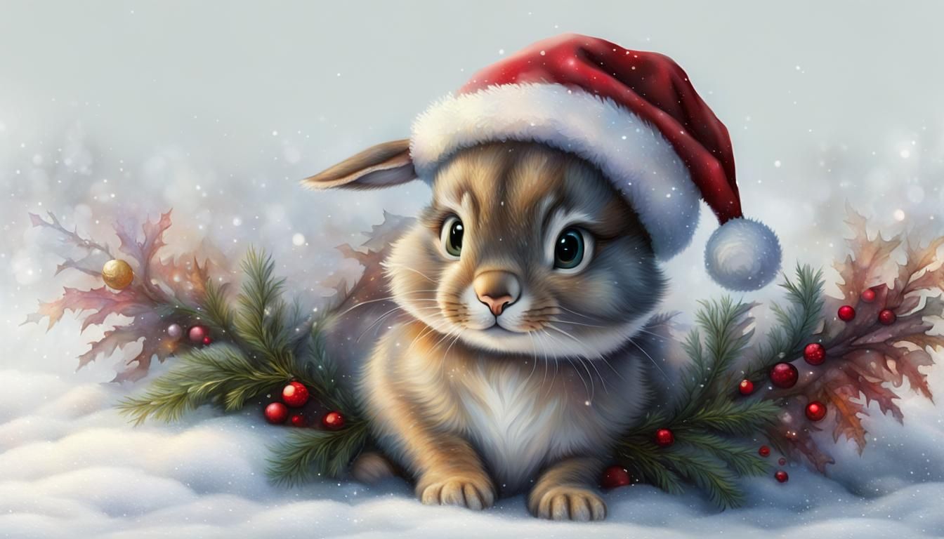 Festive Baby Rabbit in Winter Fantasy Scene