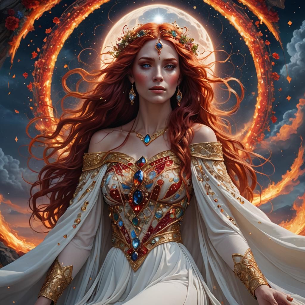 Goddess with Gemstone Hair in Fantasy Landscape