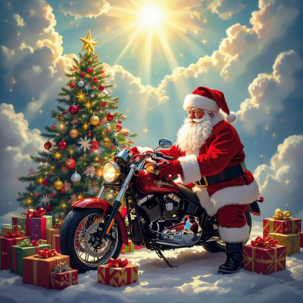Santa Delivers Motorcycle Gift in Kinkade Style