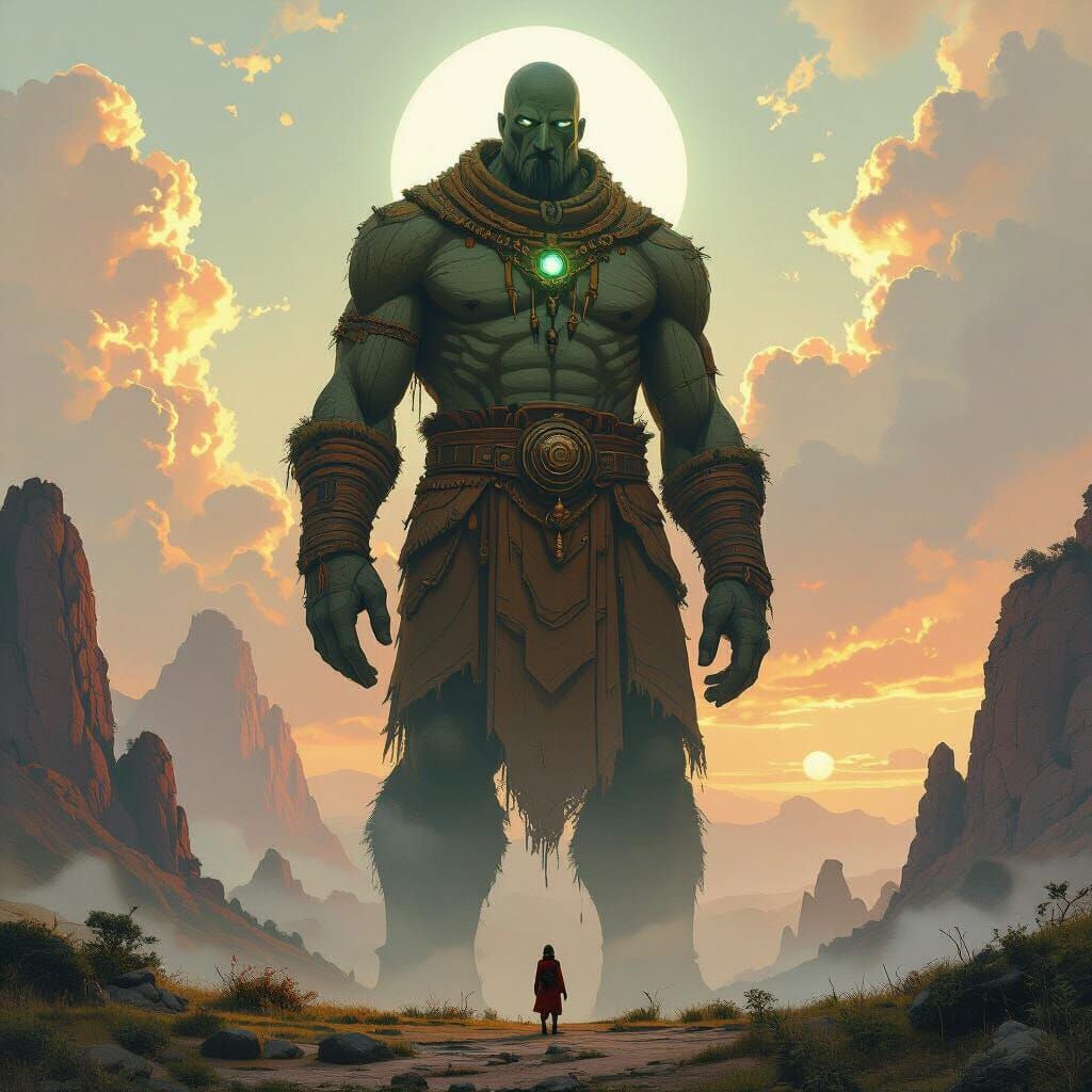 Colossal Giant in Mystical Landscape as Digital Painting