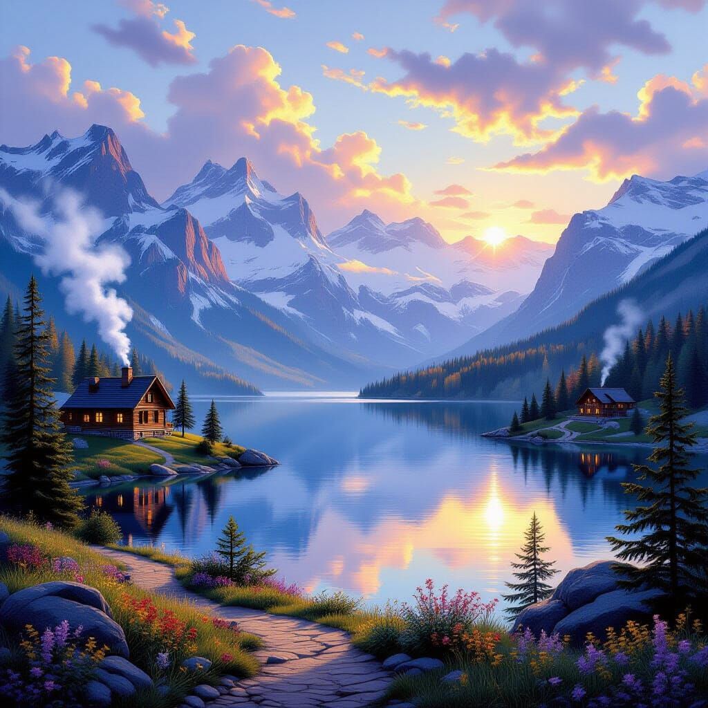 Serene Mountain Retreat at Golden Hour