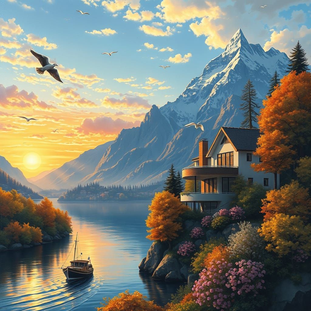 Dreamlike Autumn Sunset with Modern Villa and River